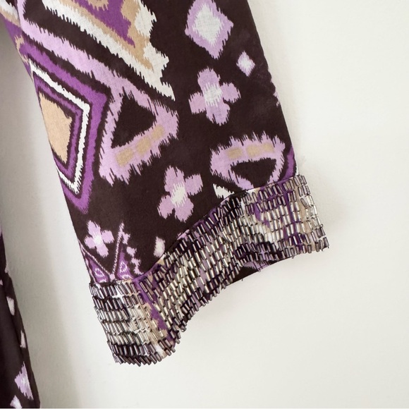 Tory Burch Purple & Brown Beaded Abstract Ikat Midi Kaftan Tunic, Size 6, EUC - Picture 5 of 12